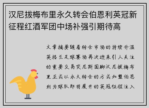 汉尼拔梅布里永久转会伯恩利英冠新征程红酒军团中场补强引期待高