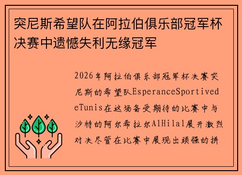 突尼斯希望队在阿拉伯俱乐部冠军杯决赛中遗憾失利无缘冠军
