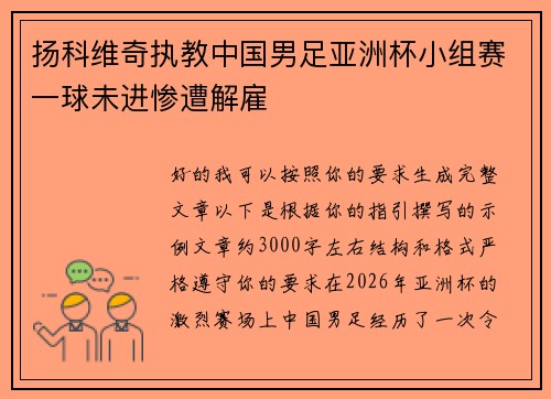 扬科维奇执教中国男足亚洲杯小组赛一球未进惨遭解雇