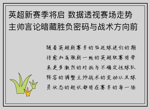 英超新赛季将启 数据透视赛场走势 主帅言论暗藏胜负密码与战术方向前瞻